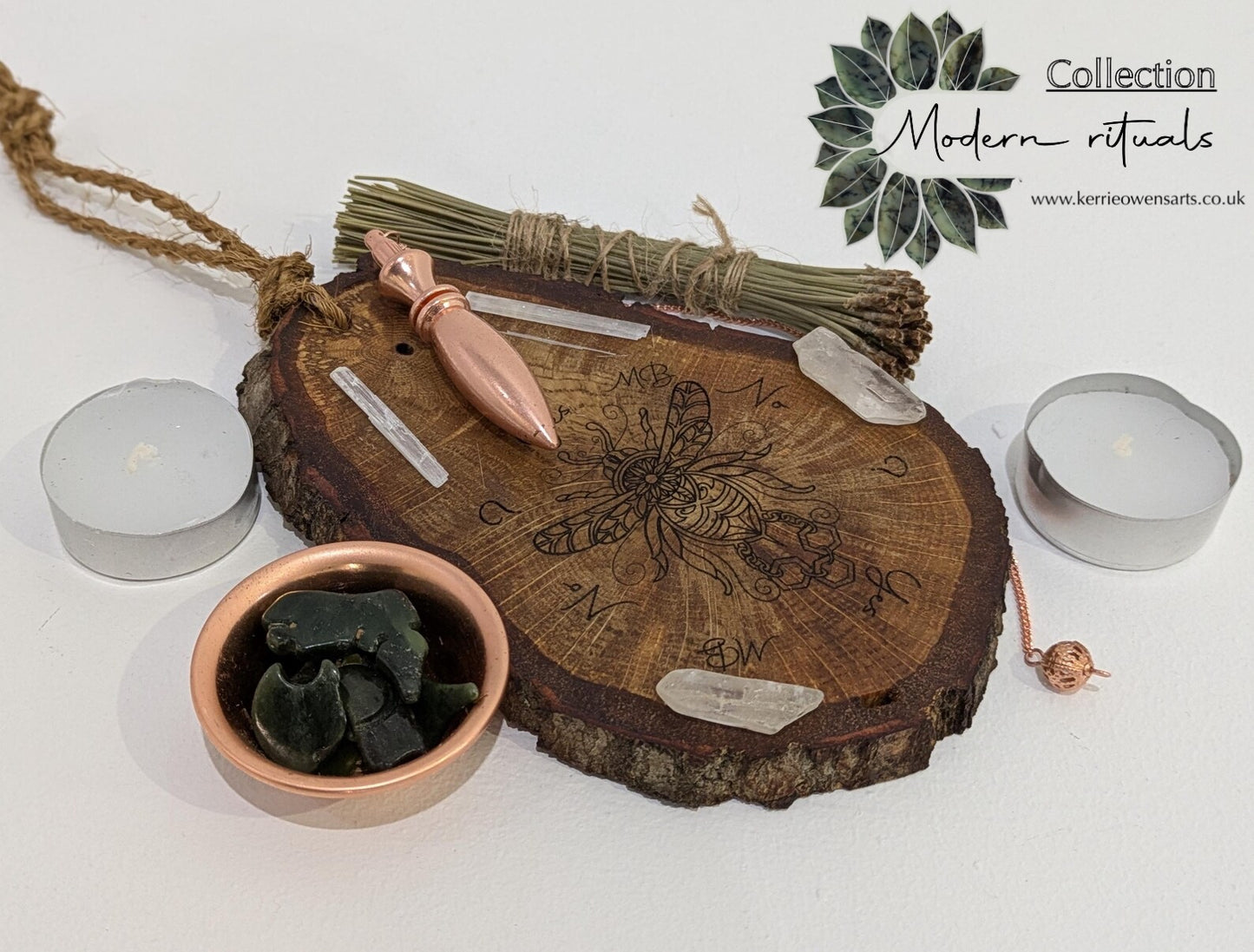Oak wood slice with bumble bee detail, dowsing boards and incense holder.