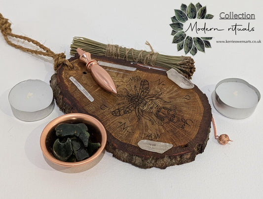 Oak wood slice with bumble bee detail, dowsing boards and incense holder.
