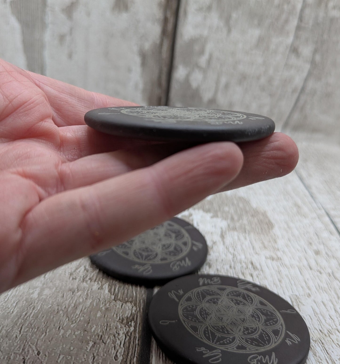 Welsh slate pocket sized palm, pendulum dowsing stone, travel friendly. Leather pouch optional.