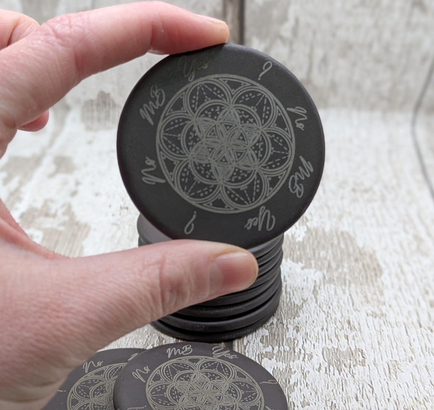 Welsh slate pocket sized palm, pendulum dowsing stone, travel friendly. Leather pouch optional.