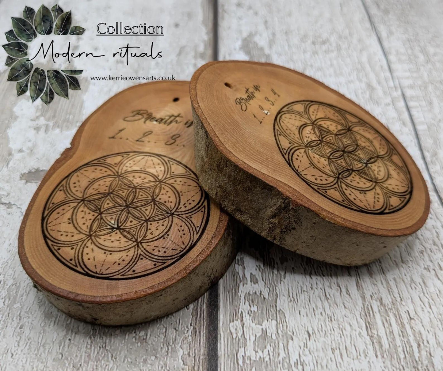 Birch wood slice with geometric laser print, Incense holder.