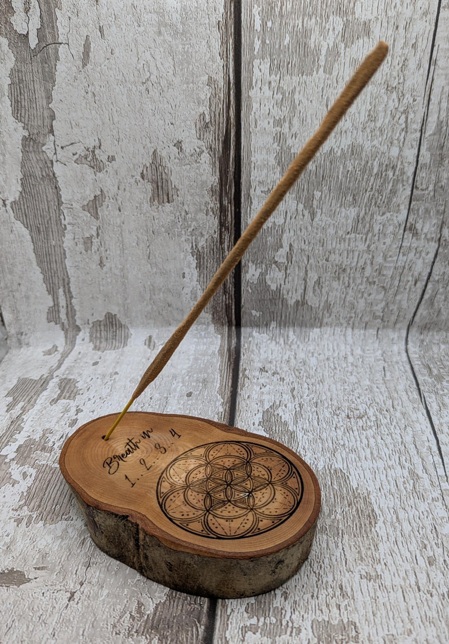 Birch wood slice with geometric laser print, Incense holder.