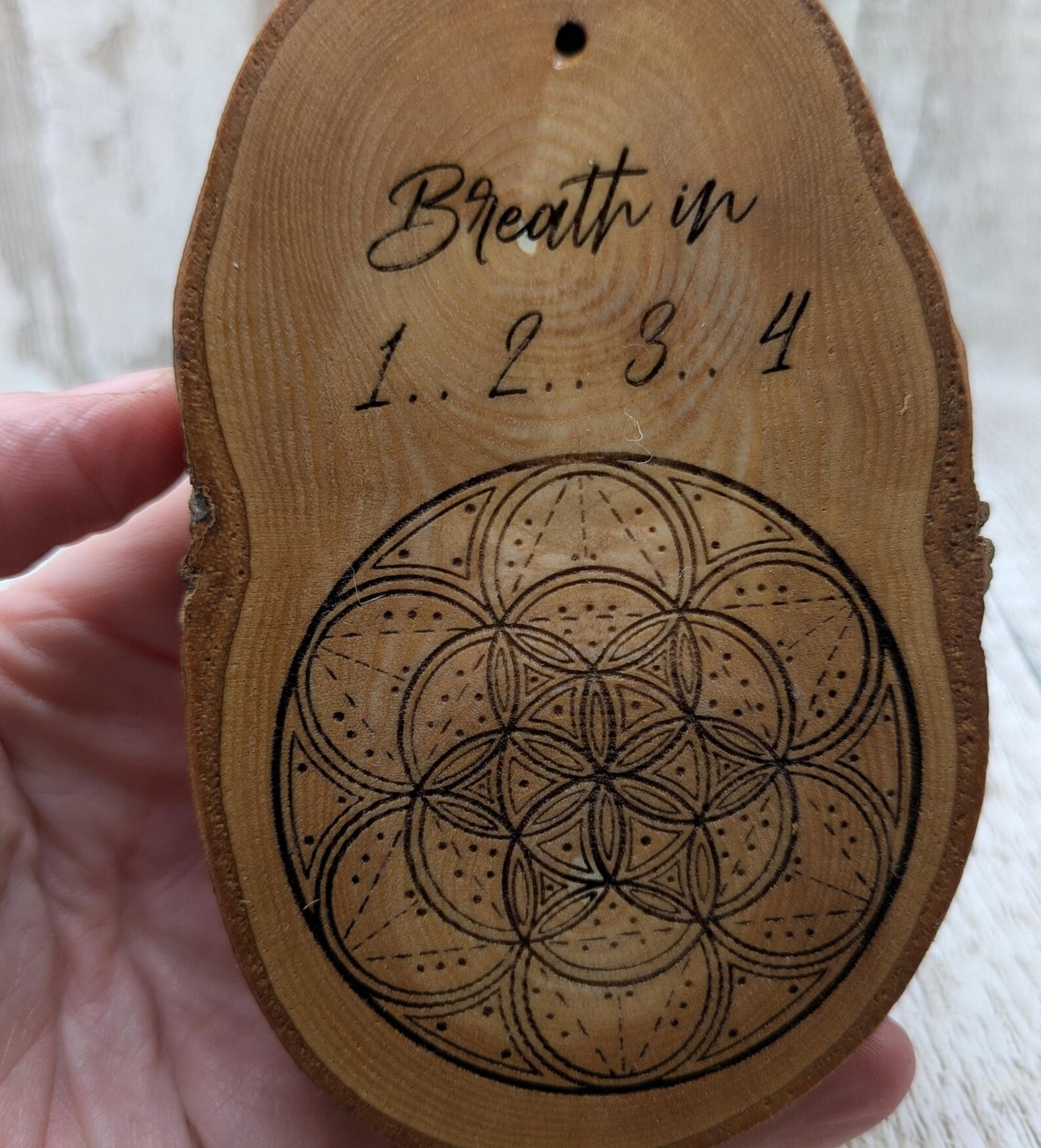 Birch wood slice with geometric laser print, Incense holder.