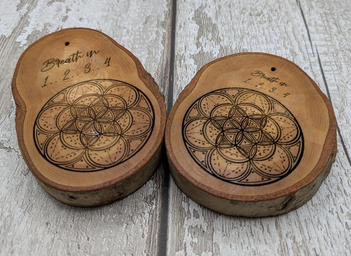 Birch wood slice with geometric laser print, Incense holder.