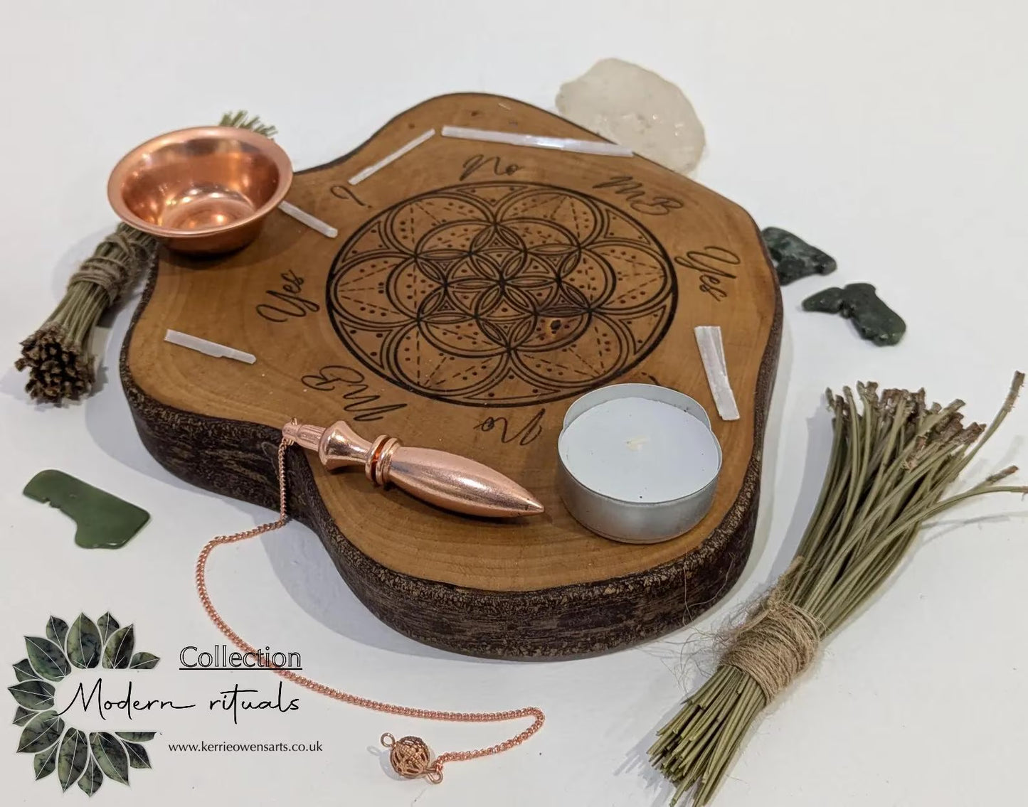 Random wood slice pendulum dowsing board with geometric laser print.