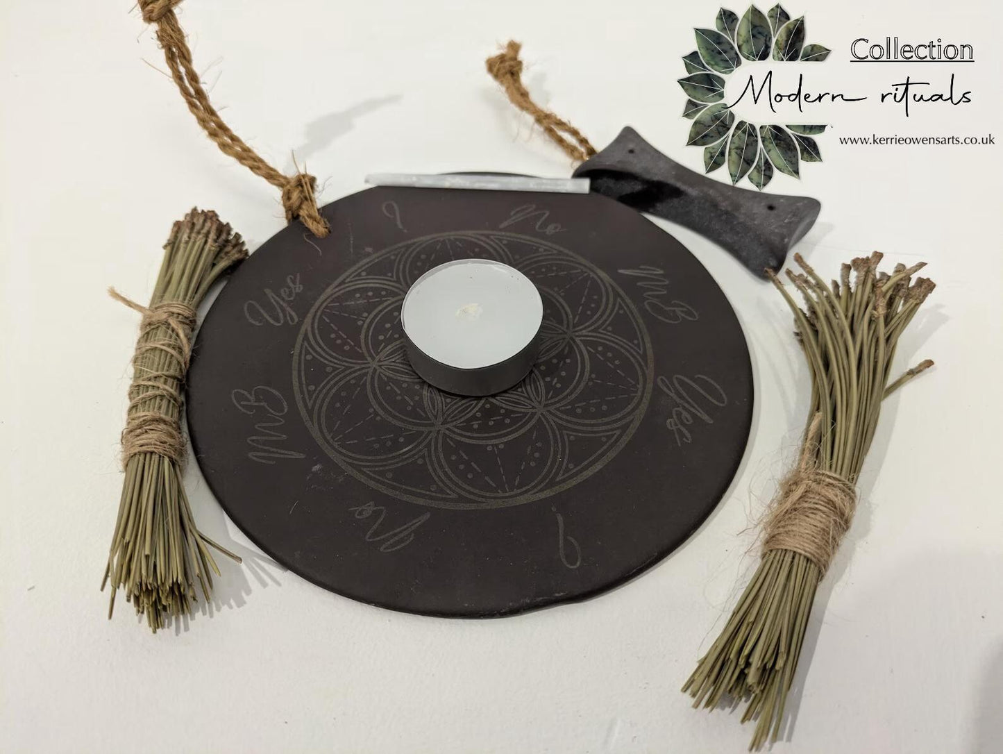 Welsh slate geometric print pendulum dowsing board with incense holder.