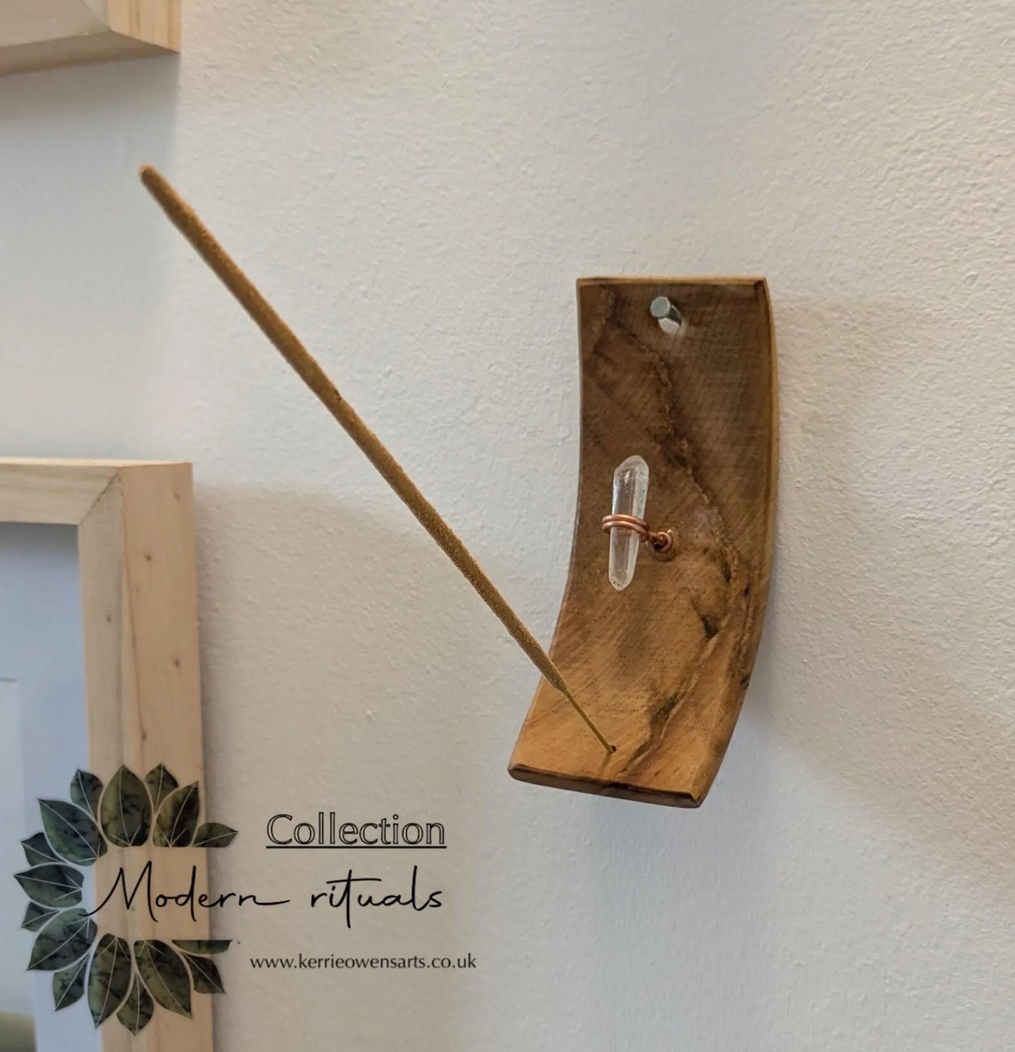 Recycled wood wall hanging incense holder with Tibetan quartz.