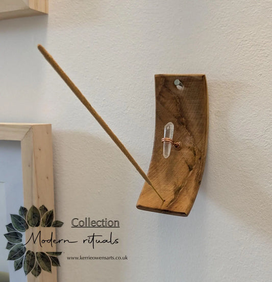 Recycled wood wall hanging incense holder with Tibetan quartz.