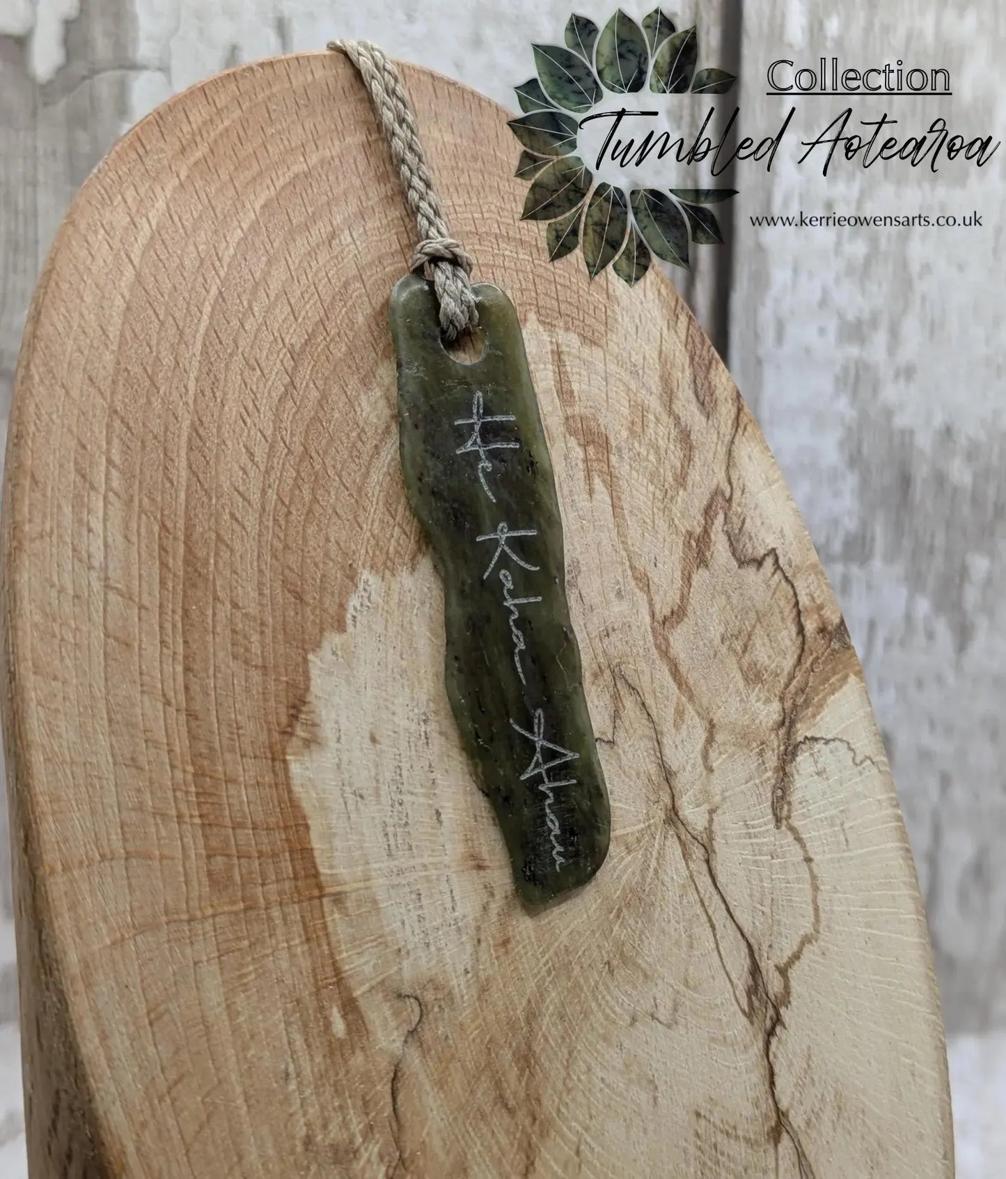 New Zealand tumbled Pounamu greenstone with I am strong in te Reo Māori affirmation.