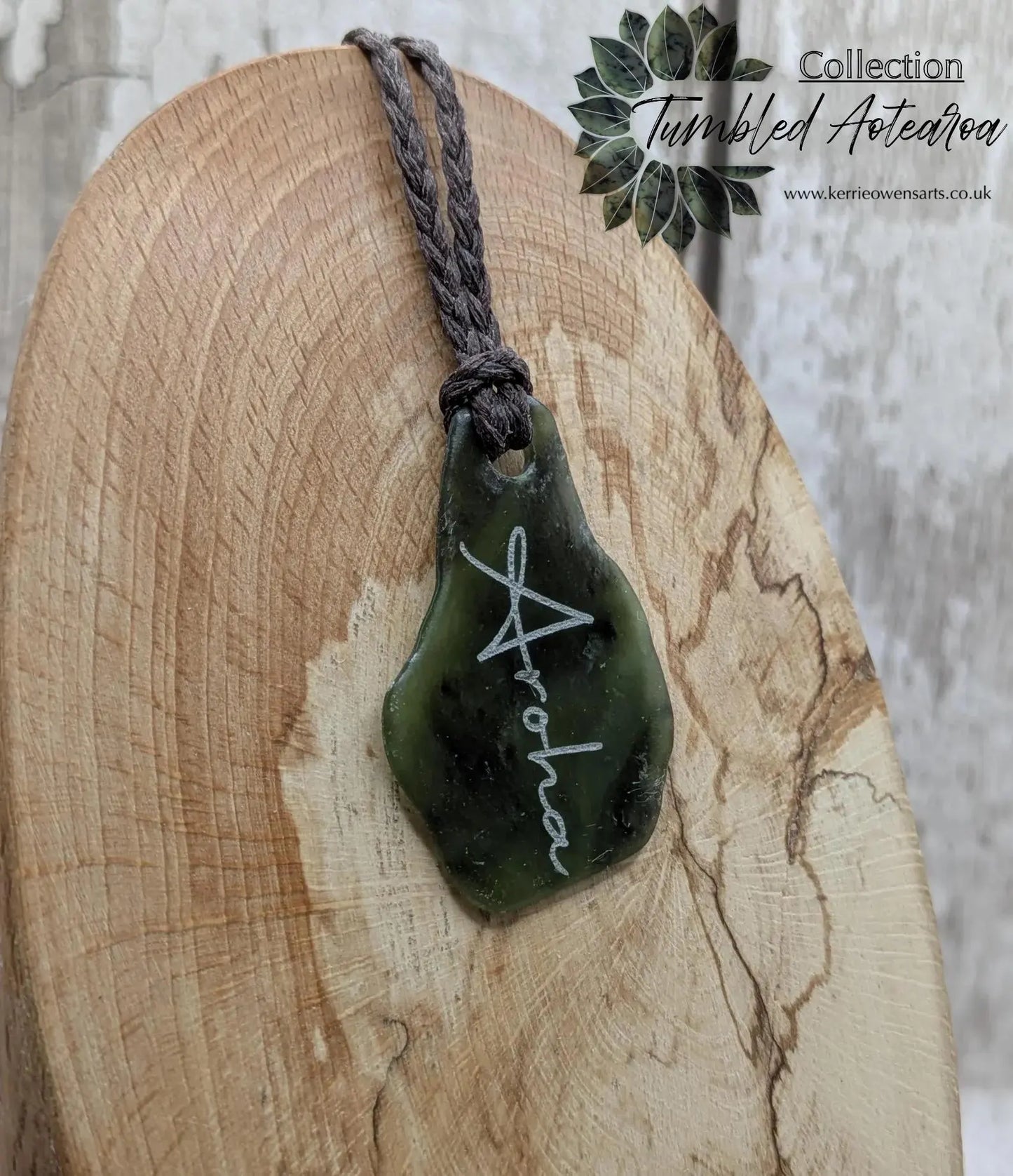 Tumbled New Zealand Pounamu greenstone pendant with love in te Reo Māori