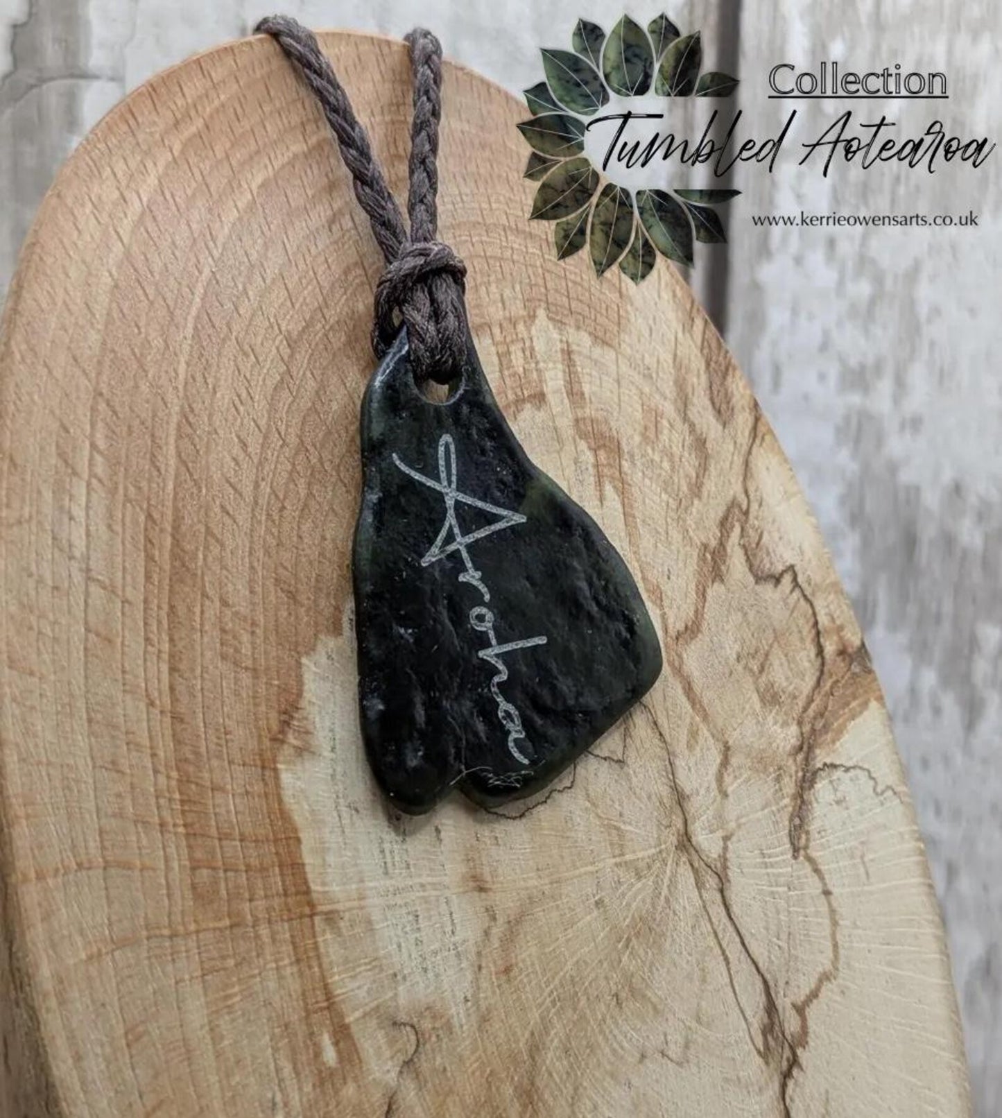 Nz tumbled Pounamu greenstone pendant with Aroha love affirmation.