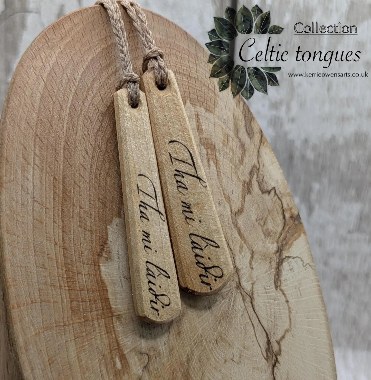 Lime wood Scots Gaelic Tha Mi Láidir, I am strong roimata drop pendant.
