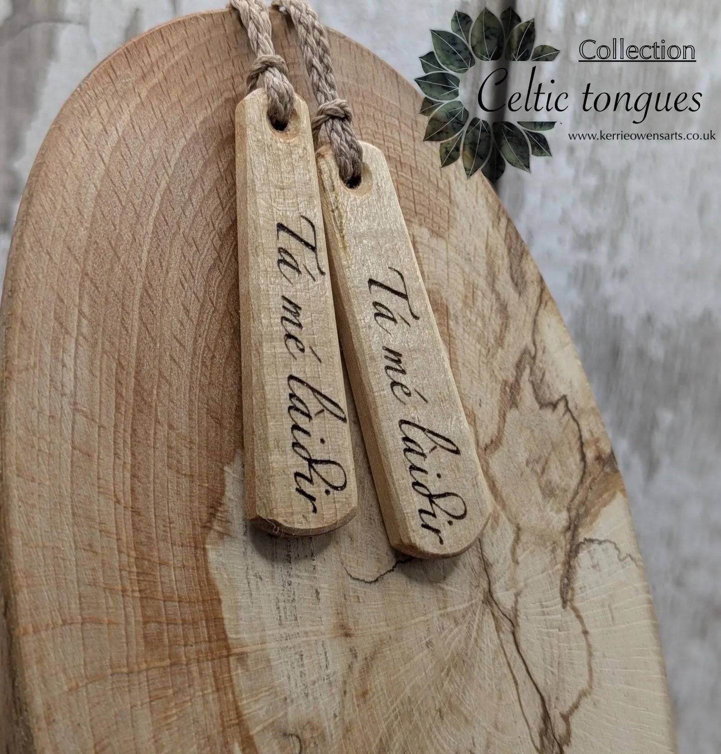 Lime wood Irish Gaeilic Tá mé Làidir, i am strong roimata pendant.