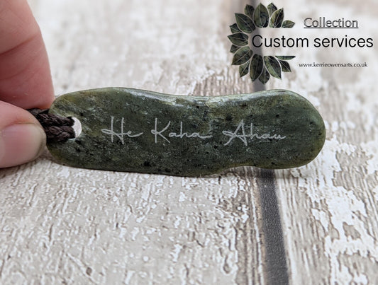 Add laser engraved personalisation to your stone or wood pendant. Dates, names, meaningful words or affirmations, up to 20 letters.