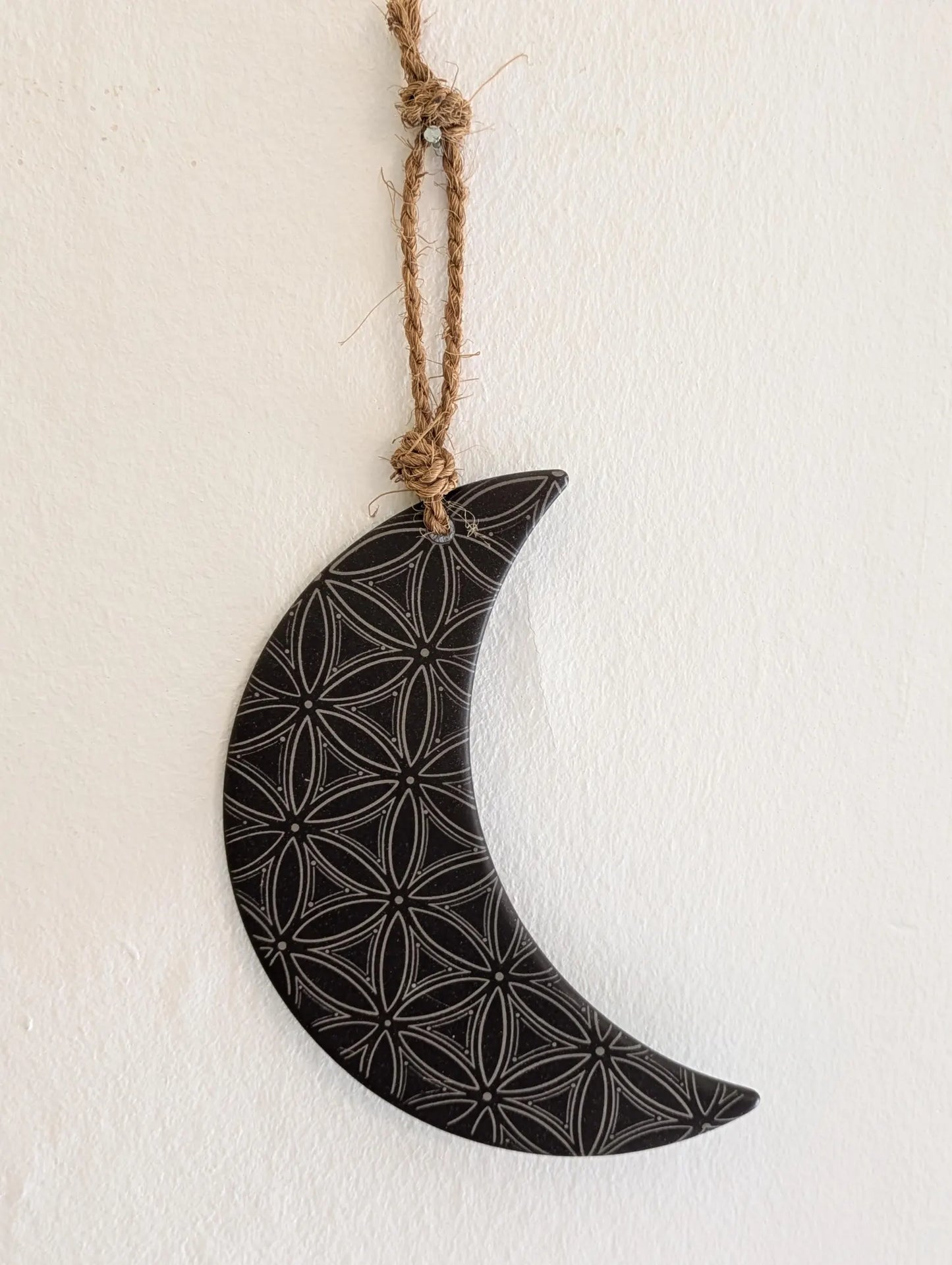 Welsh slate crescent moon with flower of life laser print hanging decoration.