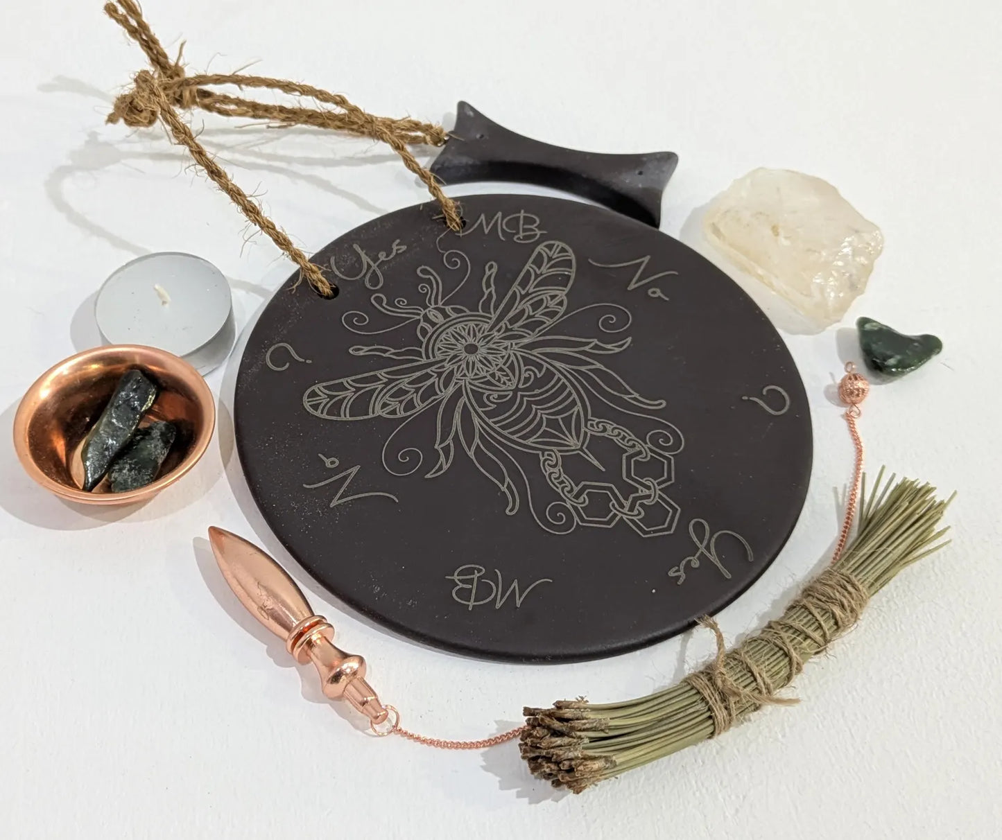 Welsh slate bumble bee pendulum dowsing board with incense holder.