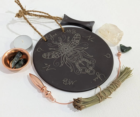 Welsh slate bumble bee pendulum dowsing board with incense holder.