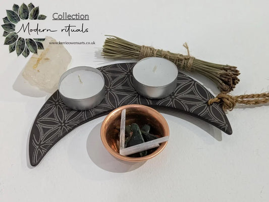 Welsh slate crescent moon with flower of life laser print hanging decoration.