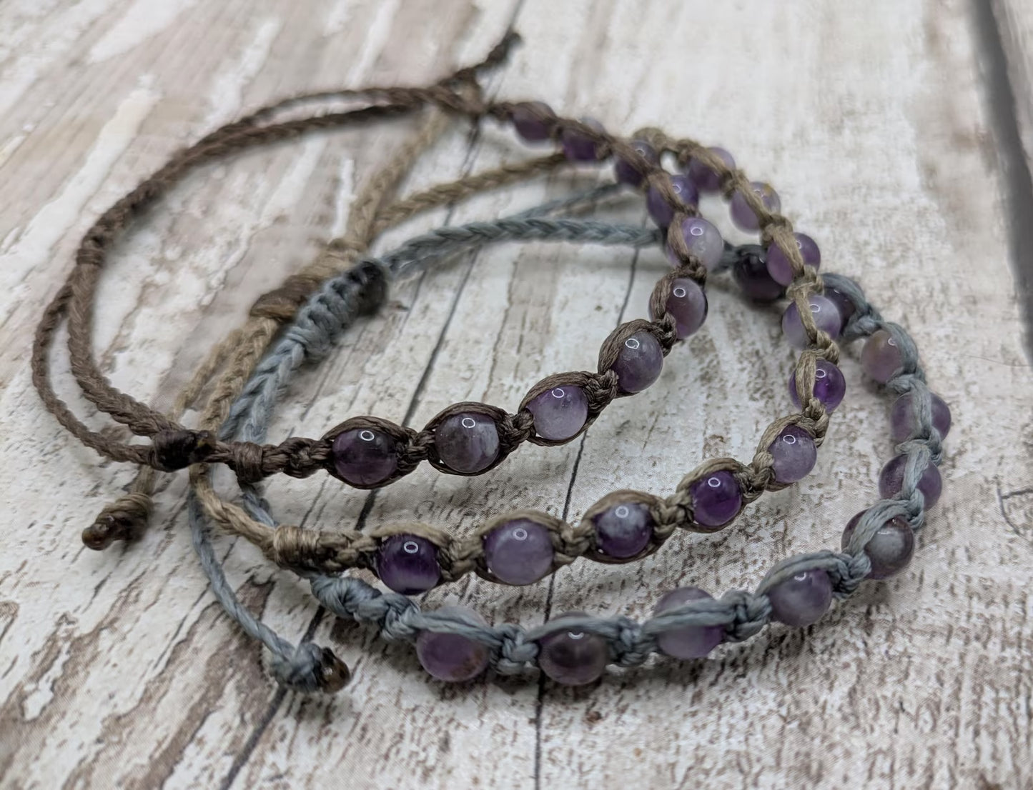 Amethyst 6mm adjustable macramé bracelet.