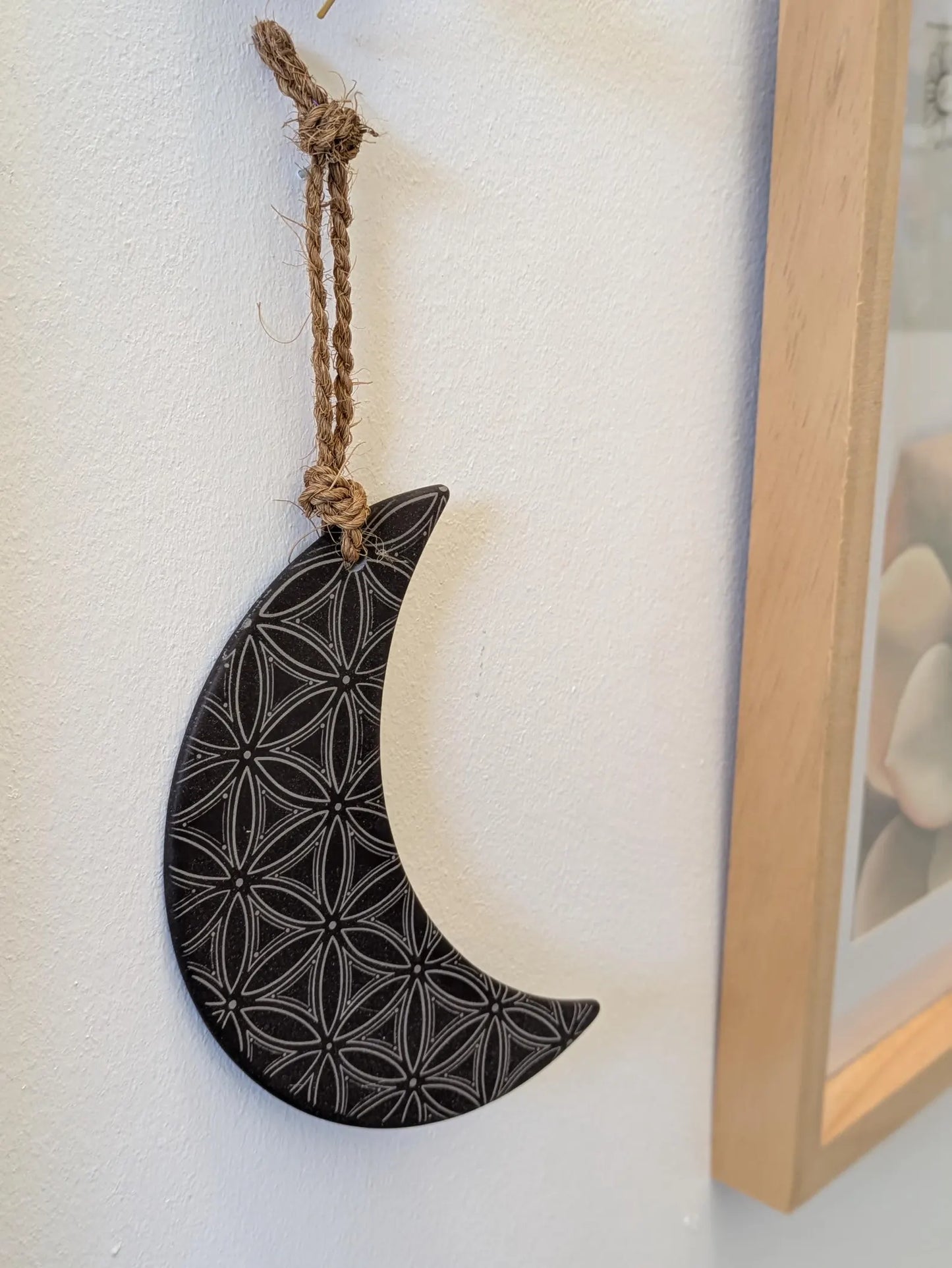 Welsh slate crescent moon with flower of life laser print hanging decoration.