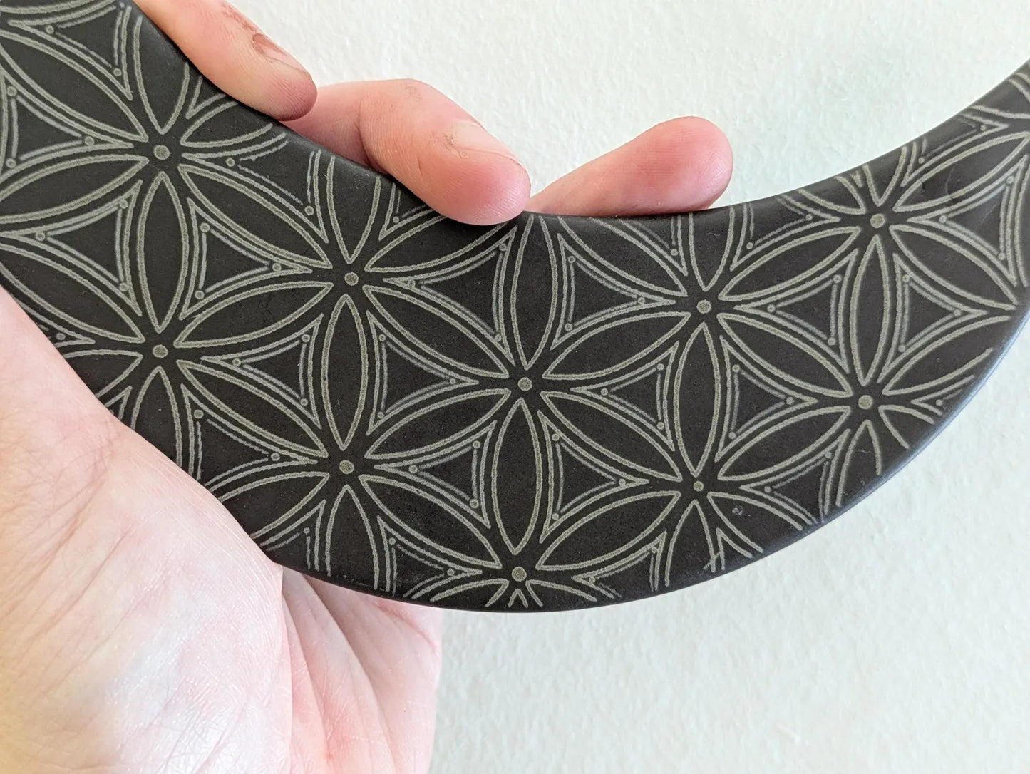 Welsh slate crescent moon with flower of life laser print hanging decoration.