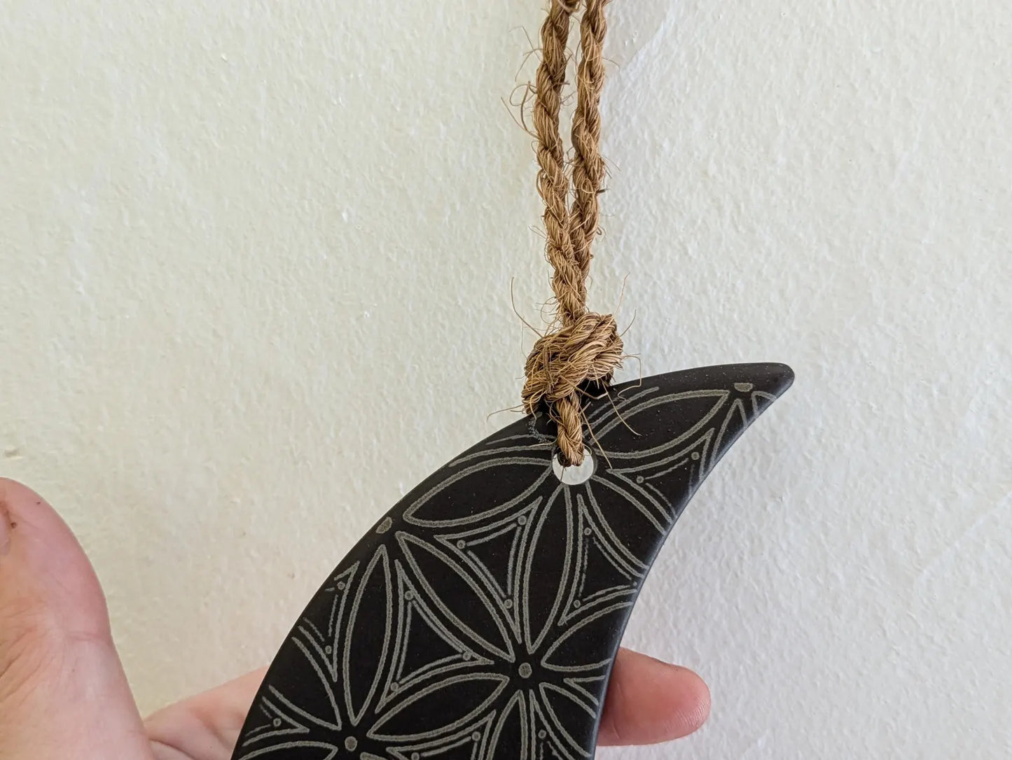 Welsh slate crescent moon with flower of life laser print hanging decoration.
