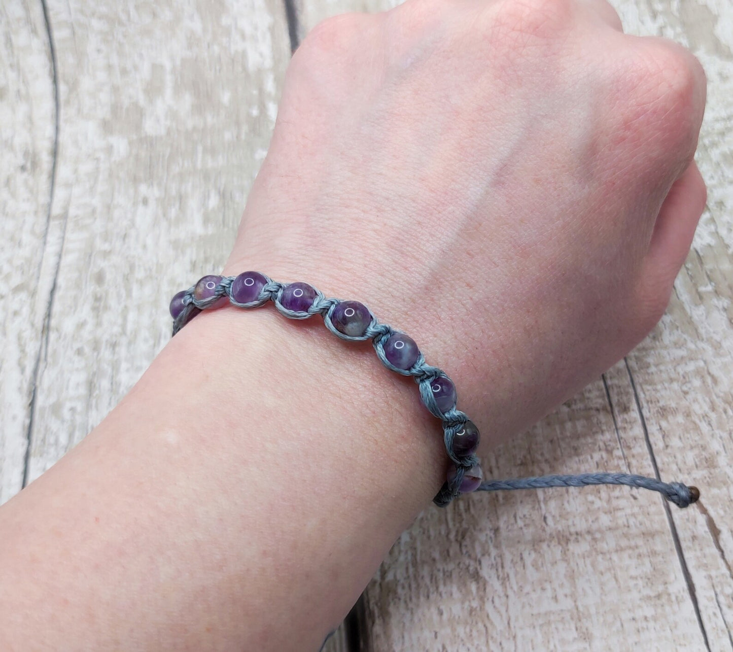 Amethyst 6mm adjustable macramé bracelet.