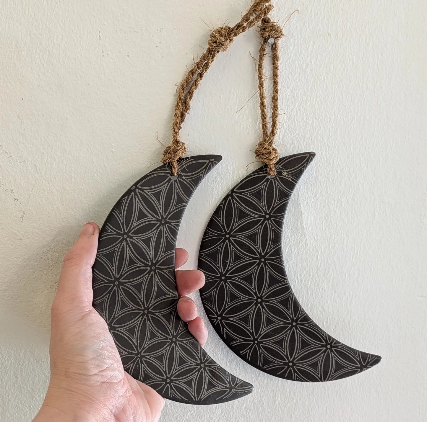 Welsh slate crescent moon with flower of life laser print hanging decoration.