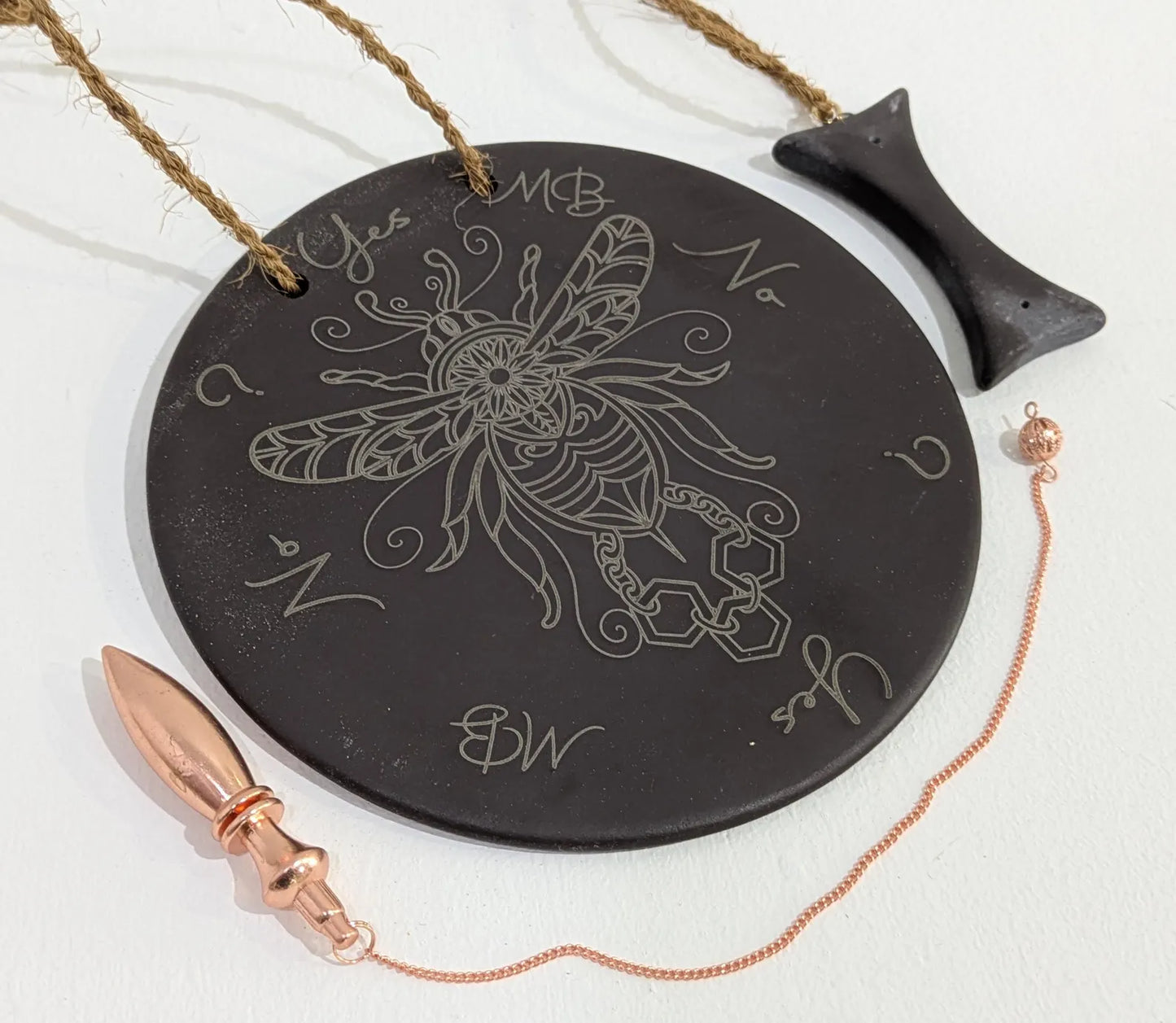 Welsh slate bumble bee pendulum dowsing board with incense holder.