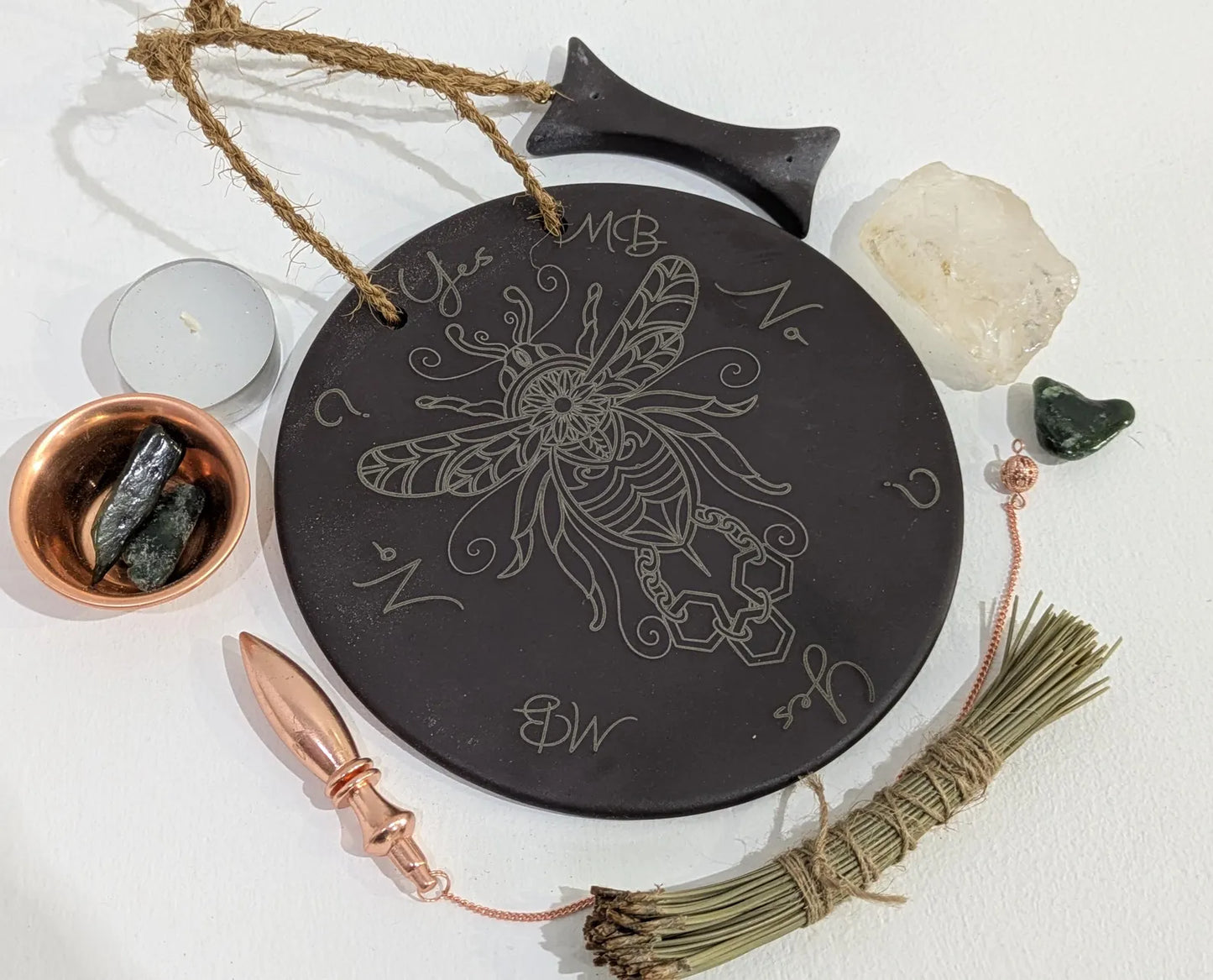 Welsh slate bumble bee pendulum dowsing board with incense holder.