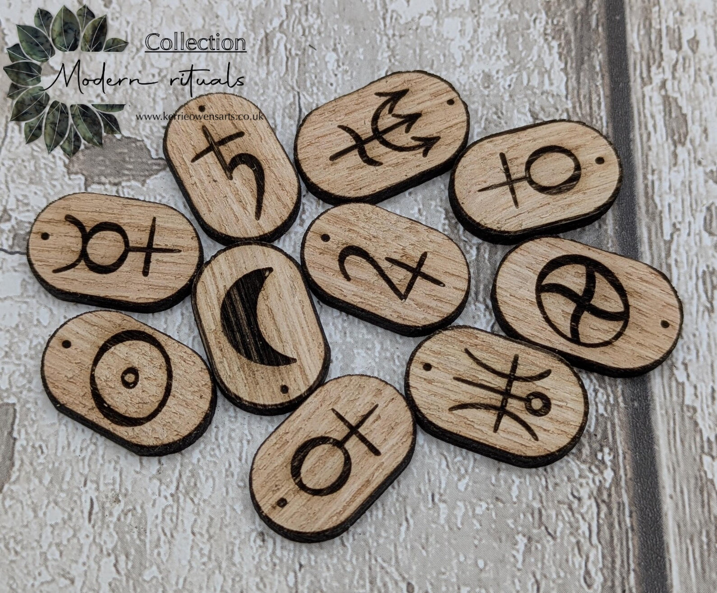 Sweet chestnut 10 planetary divination rune tiles, laser cut.