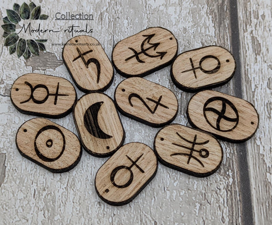 Sweet chestnut 10 planetary divination rune tiles, laser cut.