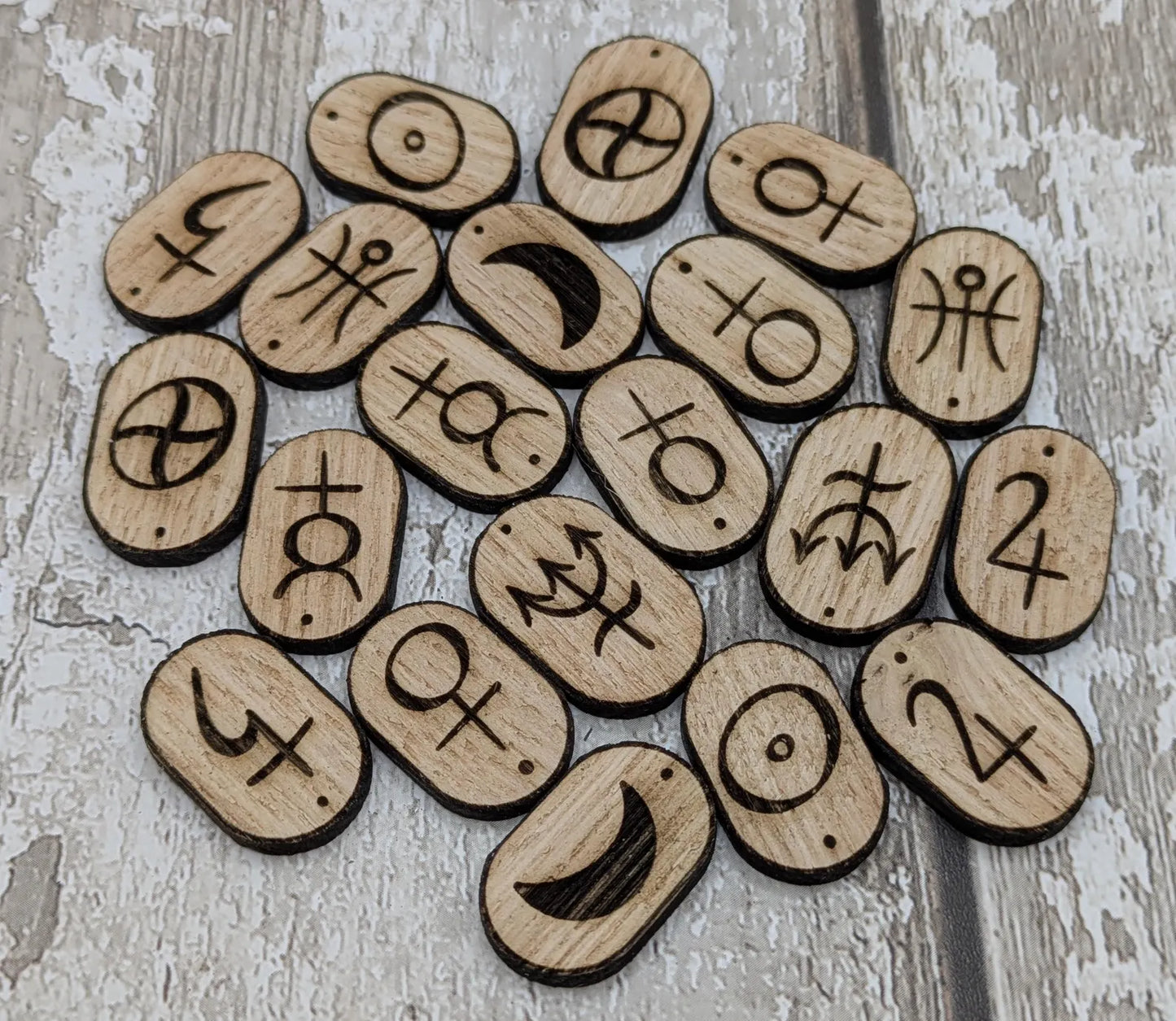 Sweet chestnut 10 planetary divination rune tiles, laser cut.