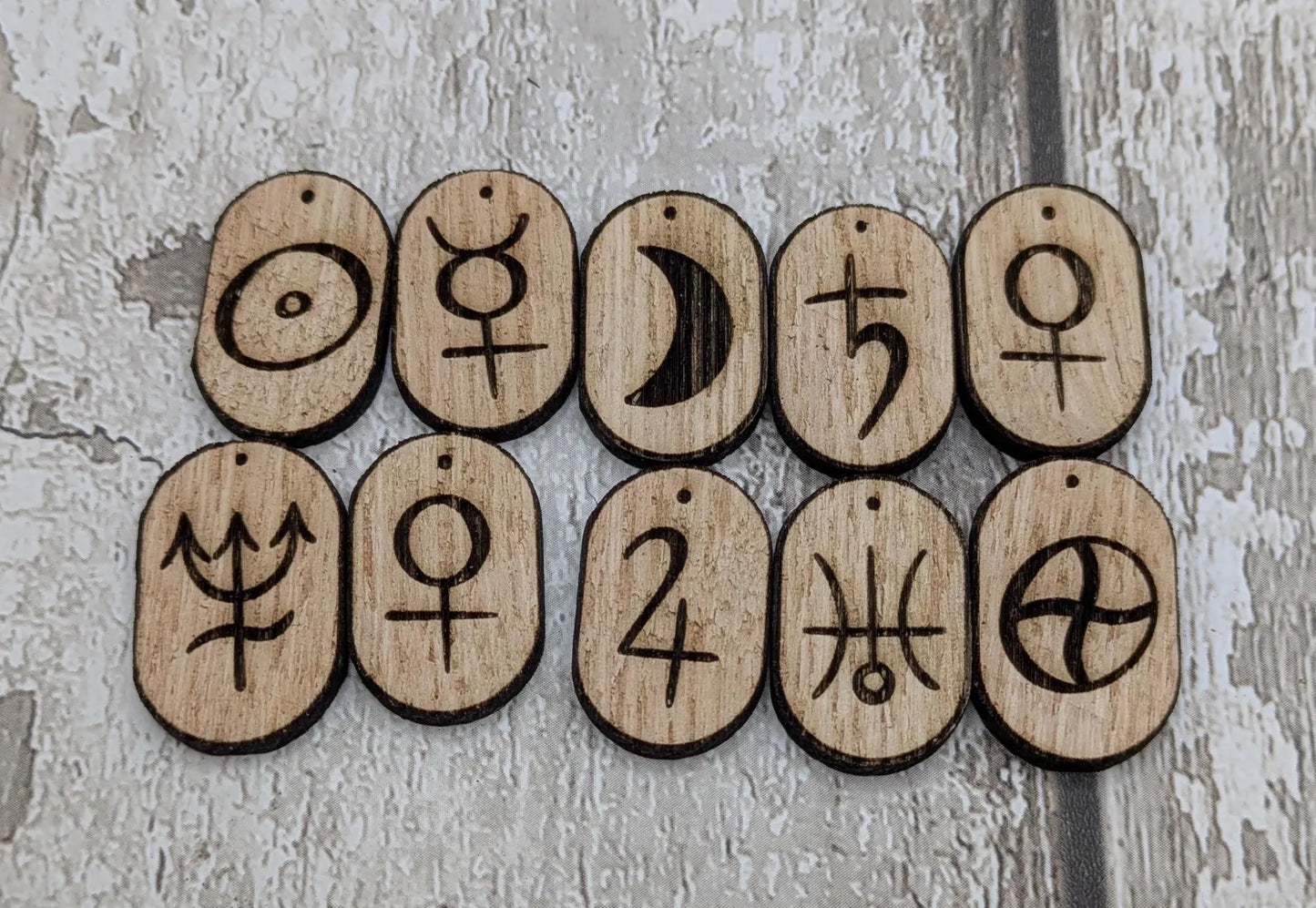 Sweet chestnut 10 planetary divination rune tiles, laser cut.