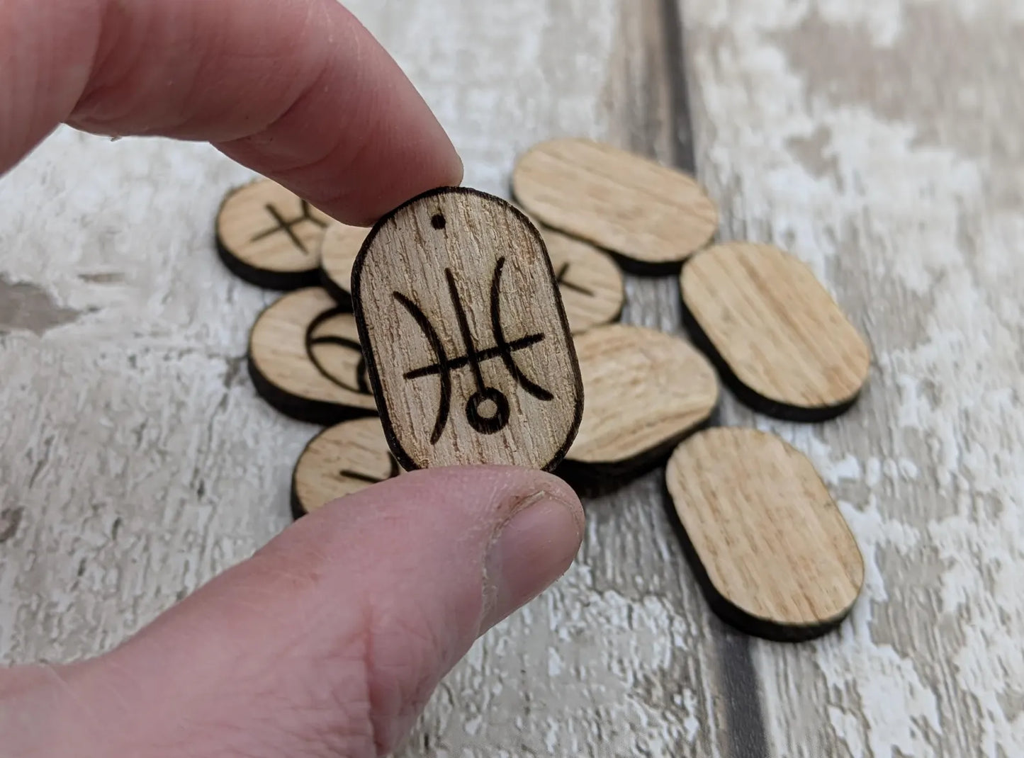 Sweet chestnut 10 planetary divination rune tiles, laser cut.
