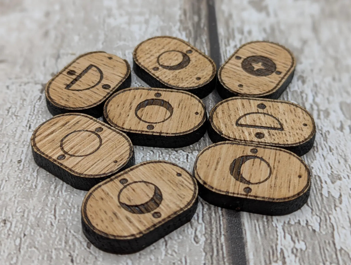Set of 8 oak wood moon glyph tiles expansion pack for divination readings.