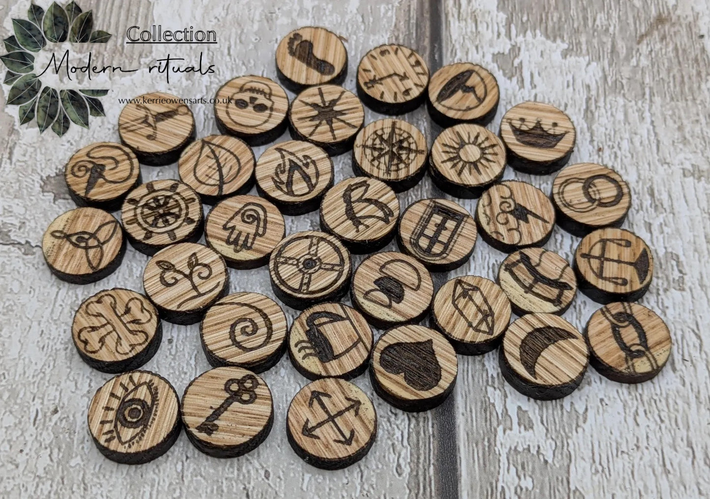 Charm board wooden oak wood charms, for divination readings.