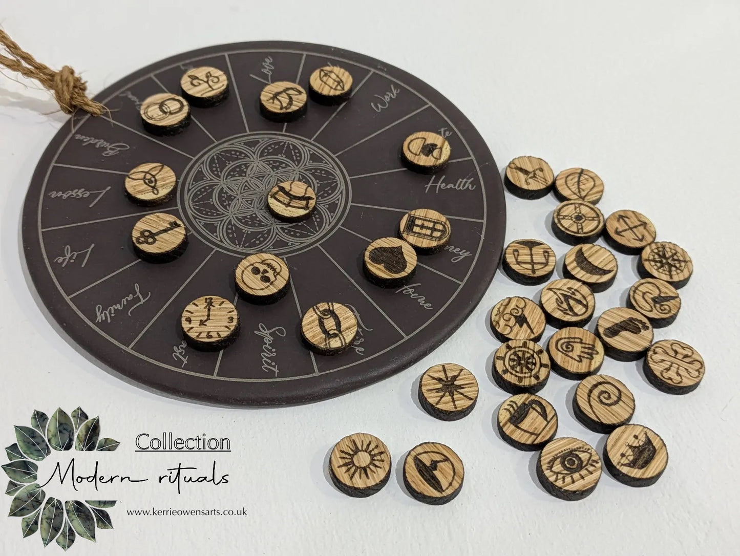 Charm board wooden oak wood charms, for divination readings.