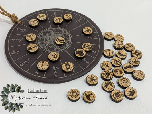 Charm board wooden oak wood charms, for divination readings.