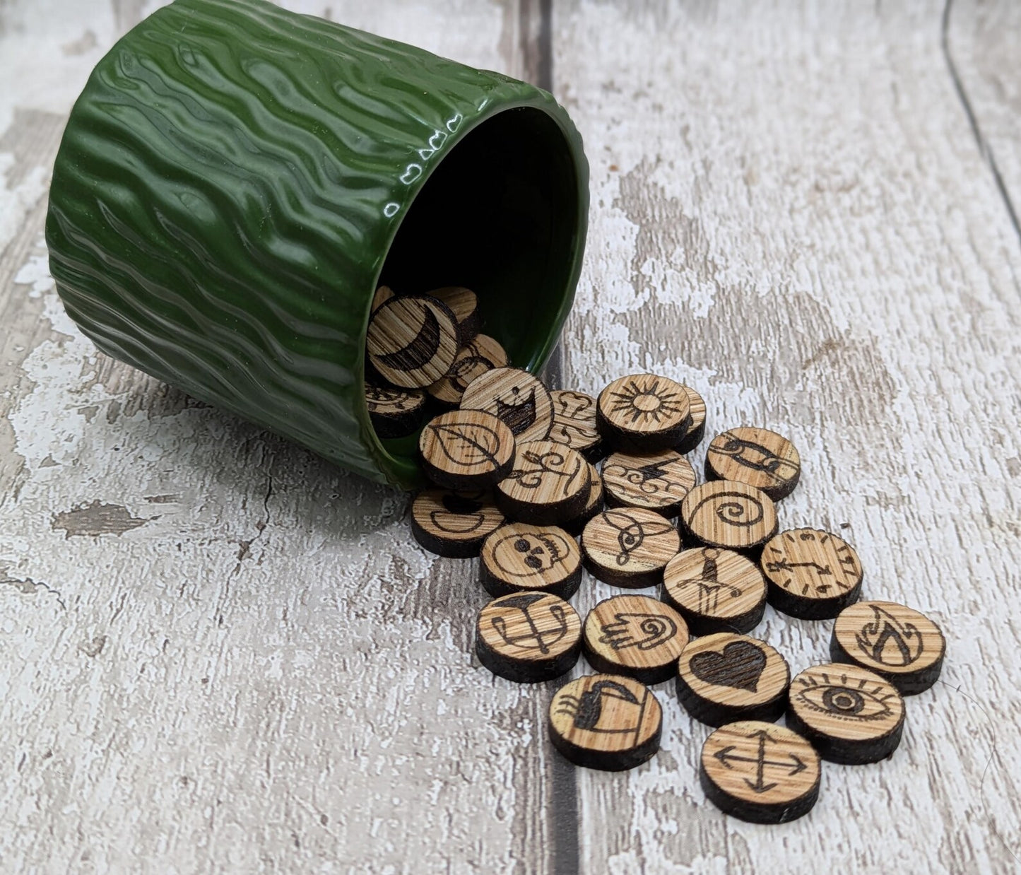 Charm board wooden oak wood charms, for divination readings.