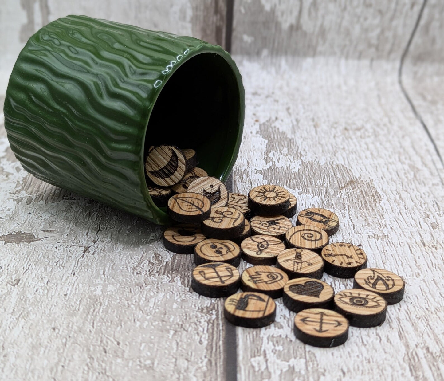 Charm board wooden oak wood charms, for divination readings.