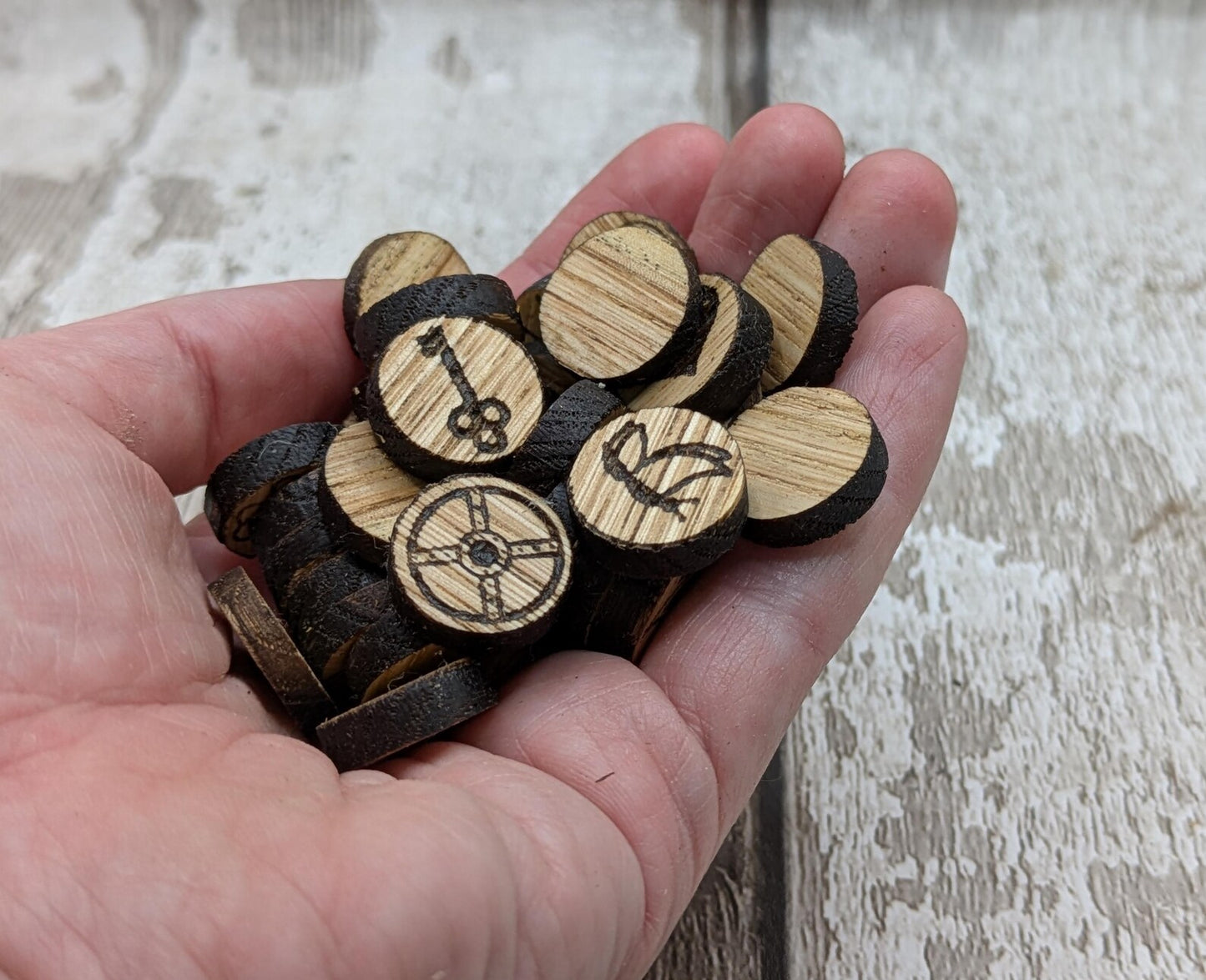 Charm board wooden oak wood charms, for divination readings.