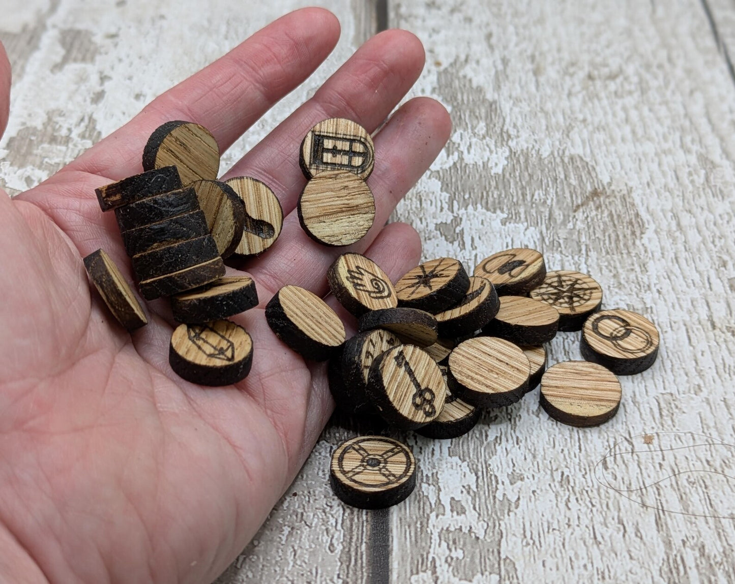 Charm board wooden oak wood charms, for divination readings.