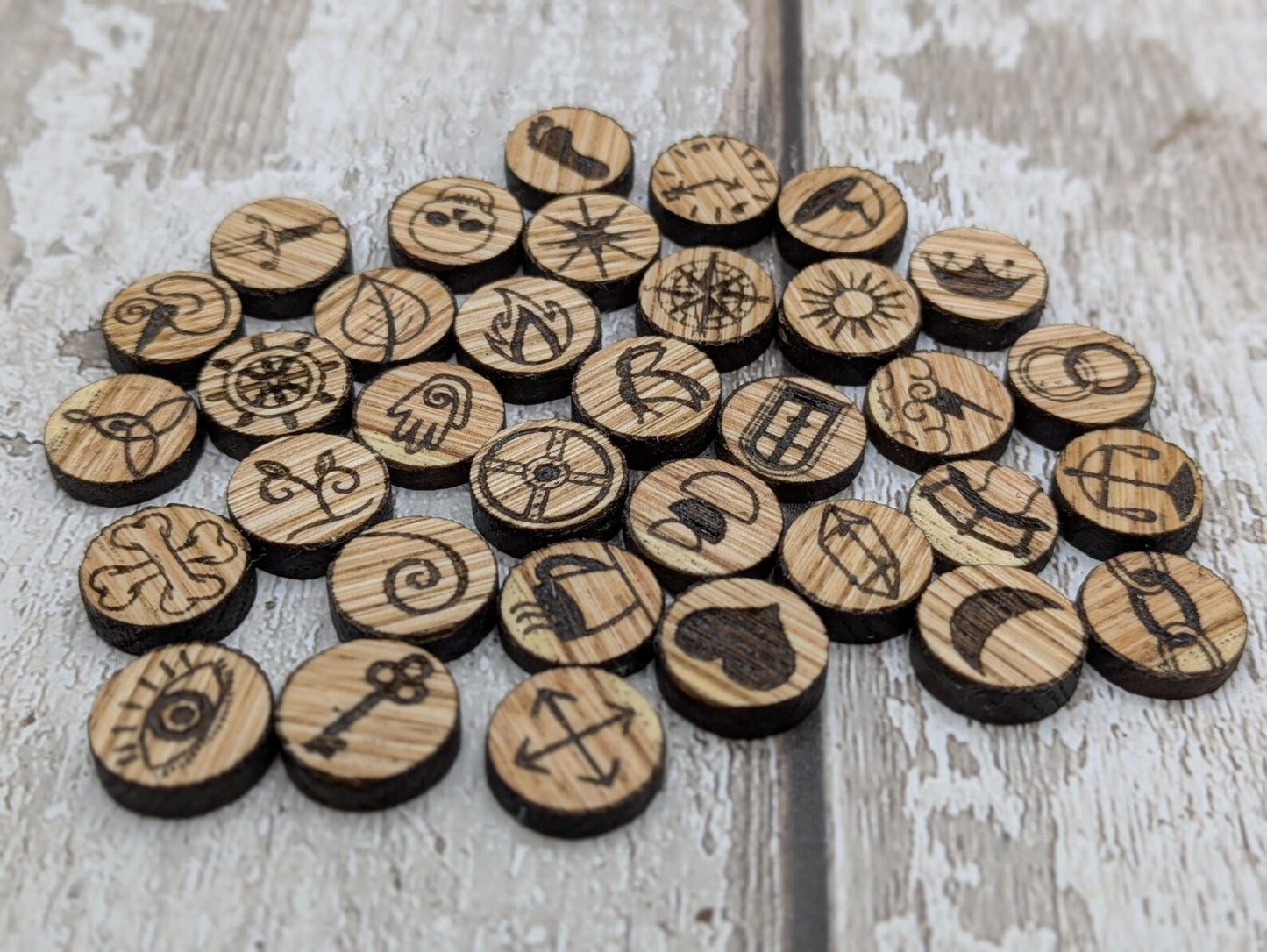 Charm board wooden oak wood charms, for divination readings.