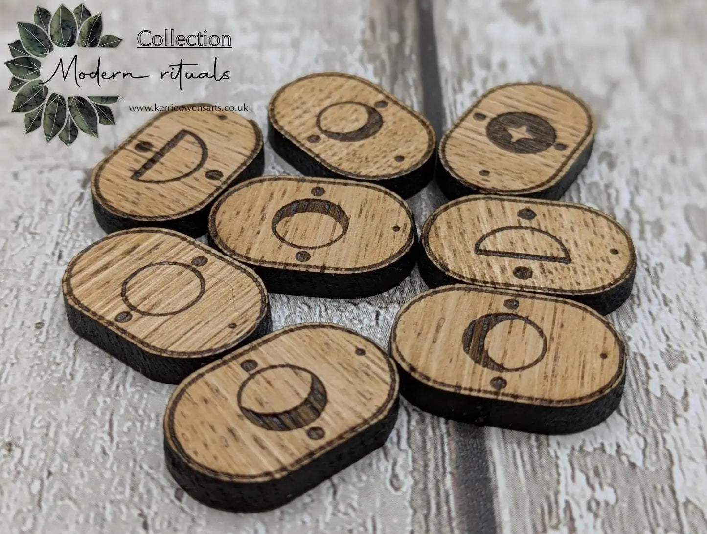 Set of 8 oak wood moon glyph tiles expansion pack for divination readings.