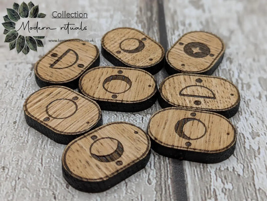 Set of 8 oak wood moon glyph tiles expansion pack for divination readings.