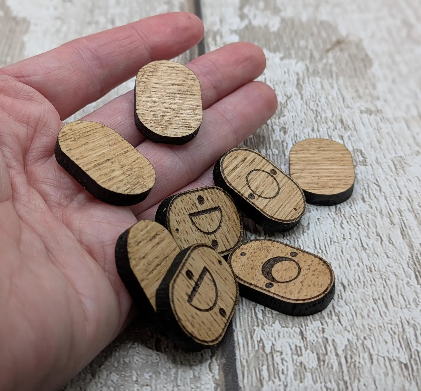 Set of 8 oak wood moon glyph tiles expansion pack for divination readings.