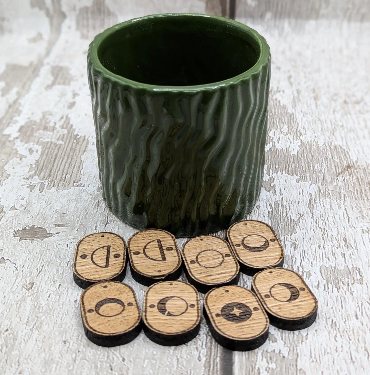 Set of 8 oak wood moon glyph tiles expansion pack for divination readings.