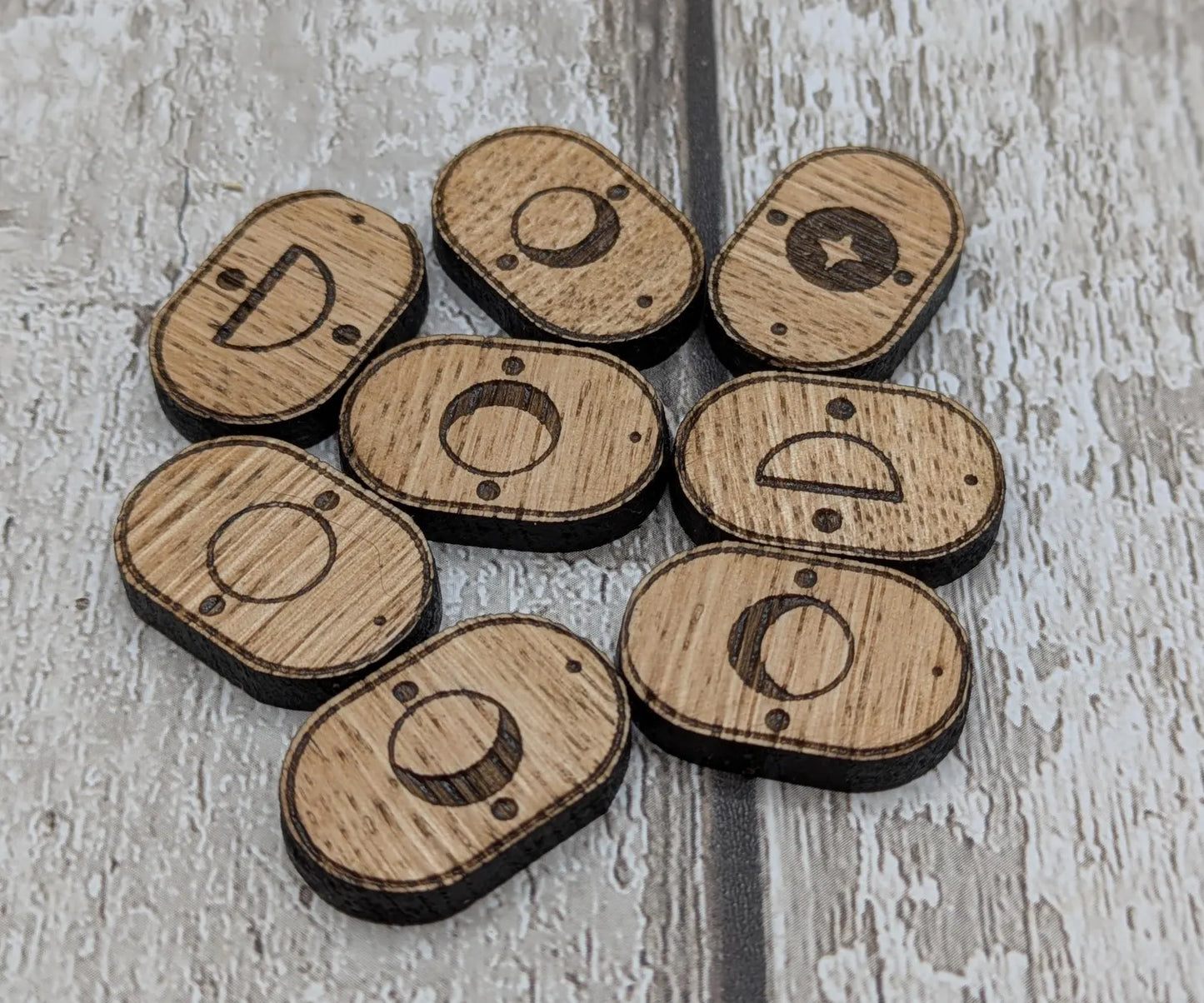 Set of 8 oak wood moon glyph tiles expansion pack for divination readings.