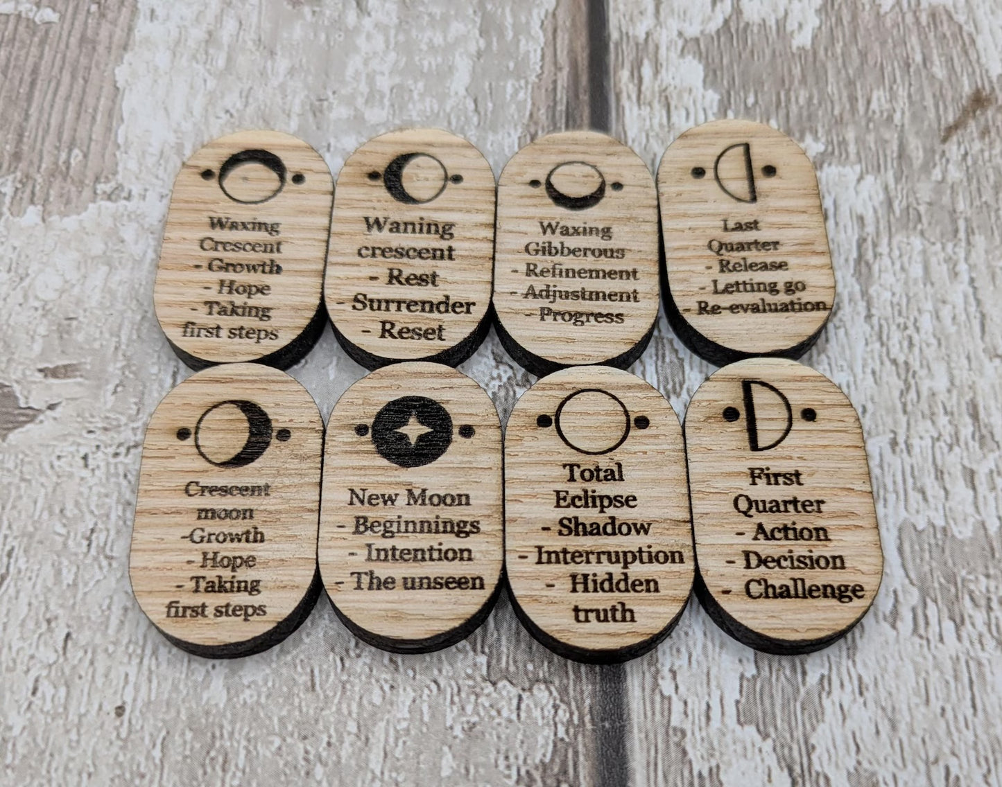 Sweet chestnut wooden Moon Glyph tiles beginner set with engraved meaning.